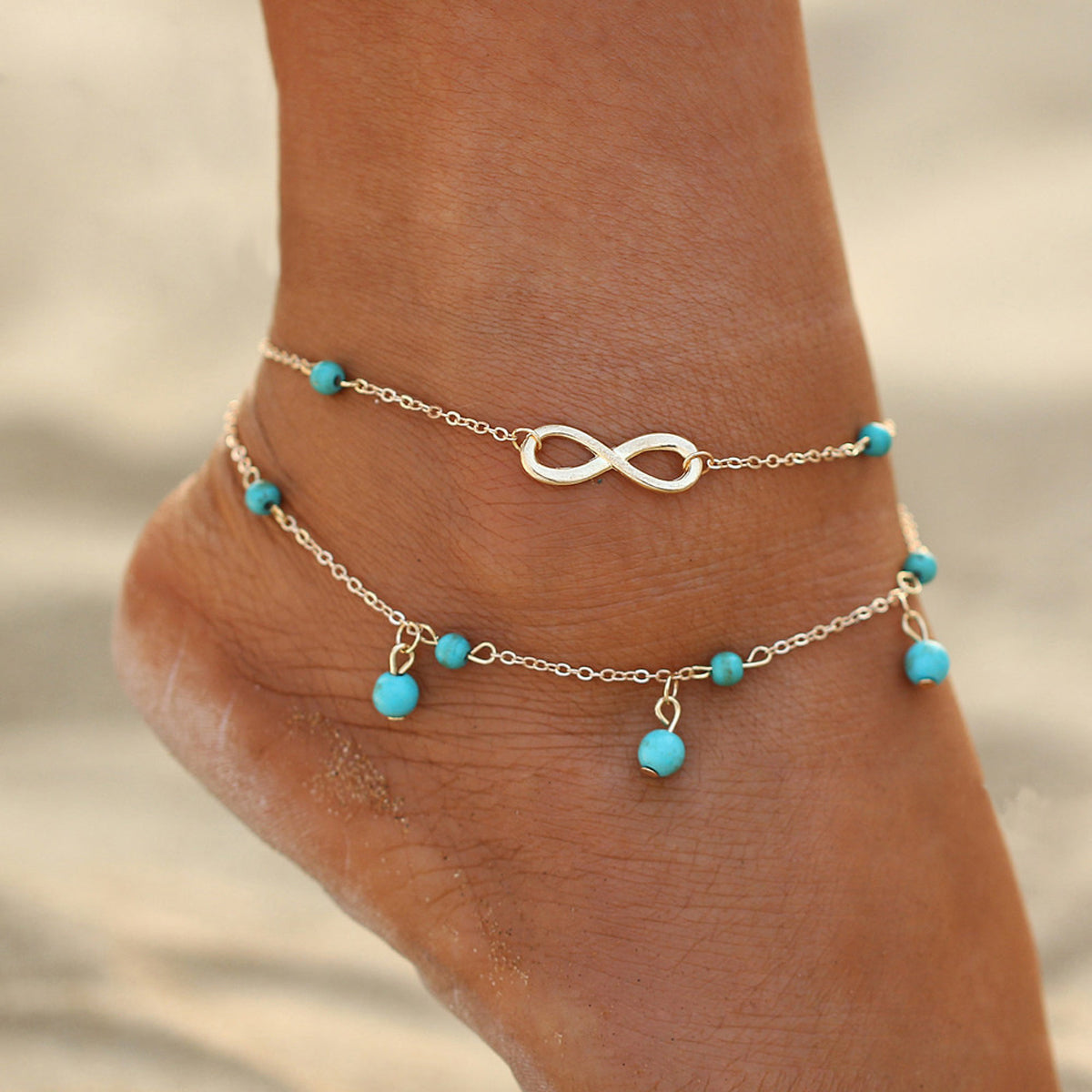 1 pc Double layer Chain Turquoise Infinity Anklet Barefoot Foot Beach Jewellery
