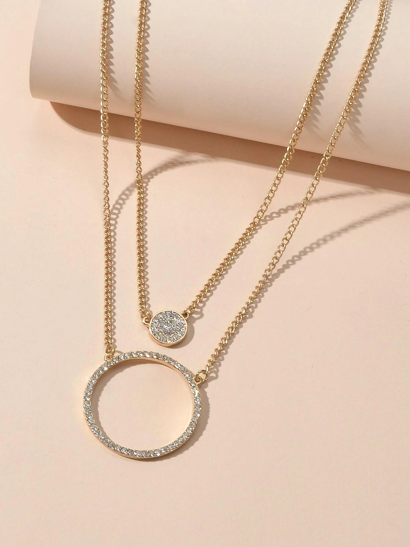 2 pcs Gold Silver Chain Rhinestone Round Circle Pendant Necklace Jewellery Gift