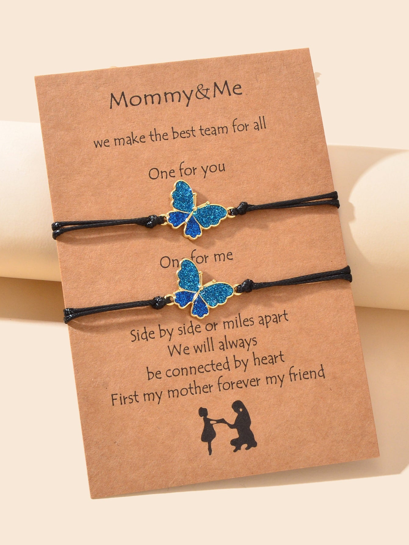 2 pcs Adjustable Black Rope Blue Butterfly Pendant Bracelet Mother's Day Gift