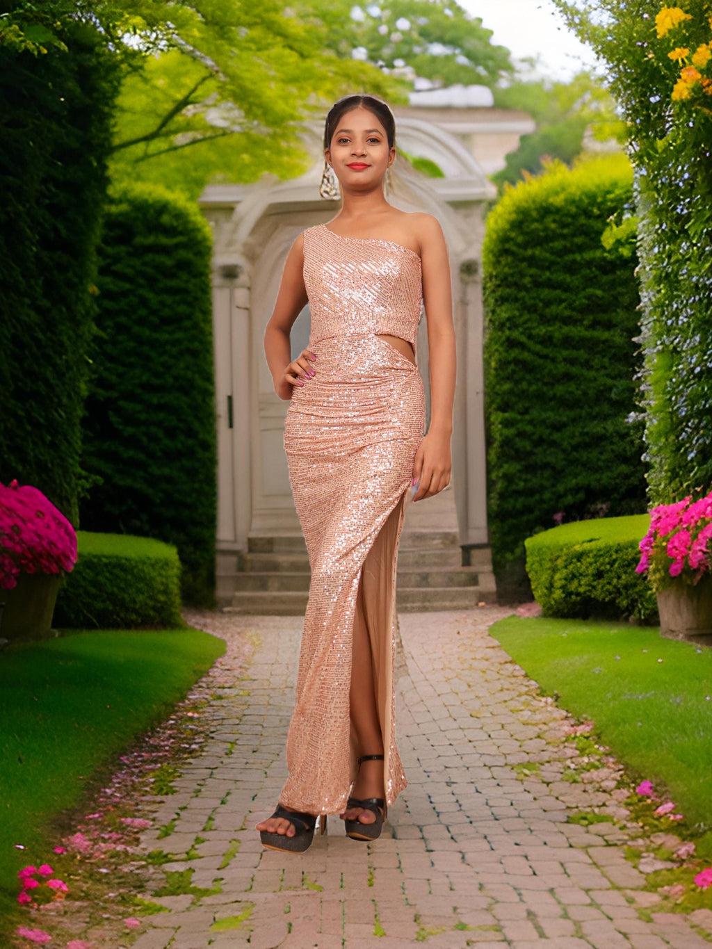 Sequins One-Shoulder Maxi Party Dress by Shreekama