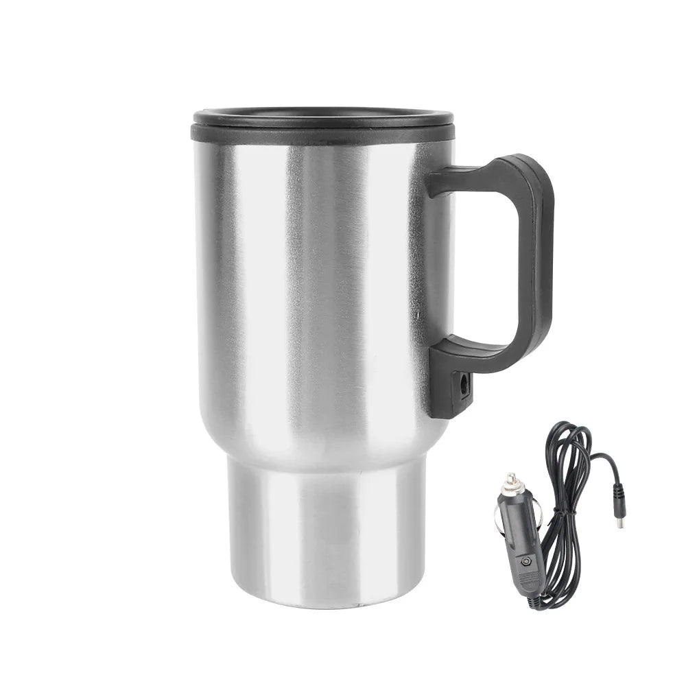 12V Electric Heating Car Kettle 450mL Stainless Steel Thermal Mug Silver