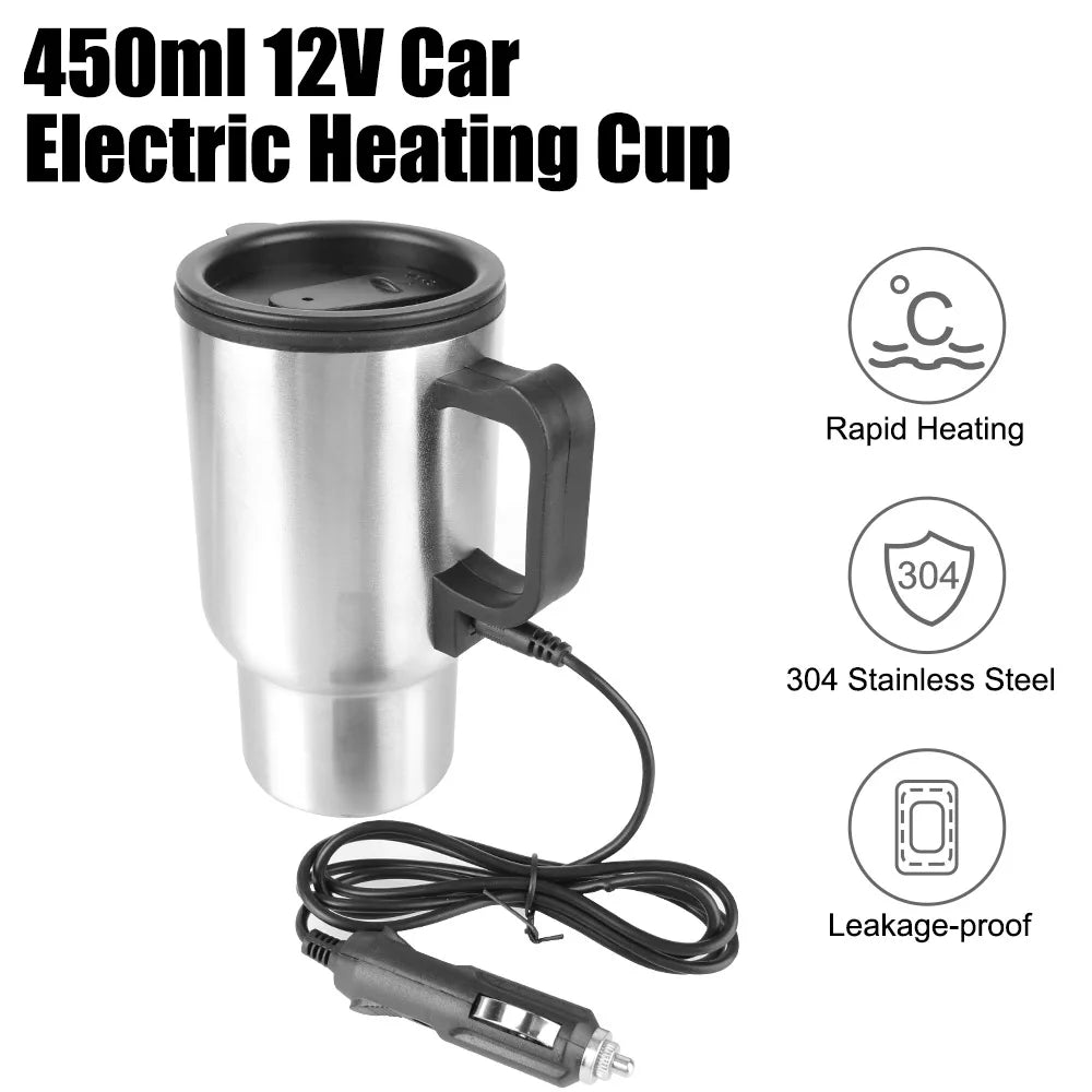 12V Electric Heating Car Kettle 450mL Stainless Steel Thermal Mug Silver