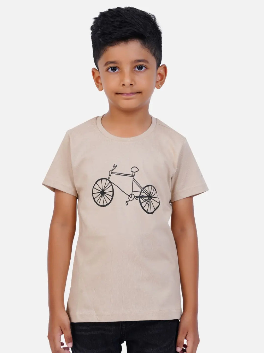AirGarb kids' t-shirt featuring soft black cotton fabric, a round neck, and a stylish bottle green drawn cycle design, perfect for casual wear.