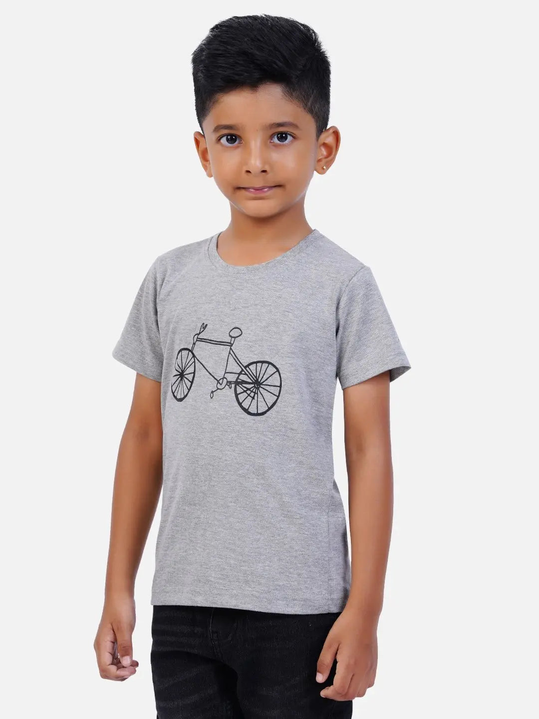 AirGarb kids' t-shirt featuring soft black cotton fabric, a round neck, and a stylish bottle green drawn cycle design, perfect for casual wear.